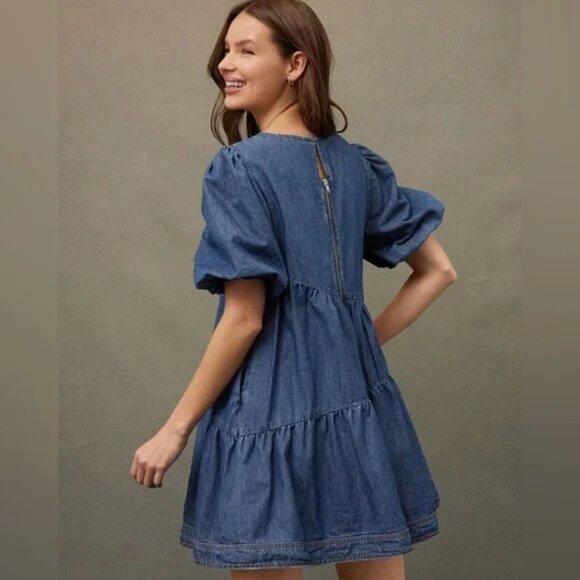 EUC Aaron & Amber Denim Tiered Mini Puff-Sleeve Dress - Picture 2 of 10